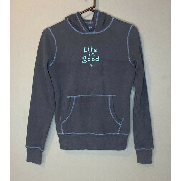Life Is Good Hoodie Women's Sz XS Gray Cotton Fleece Drawstring Pullover - Picture 1 of 4